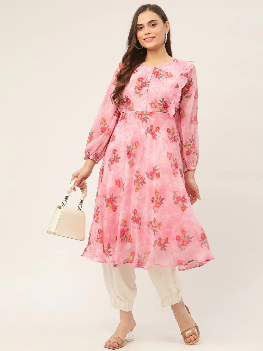 Jompers Women's Pink Georgette Flared Printed kurta