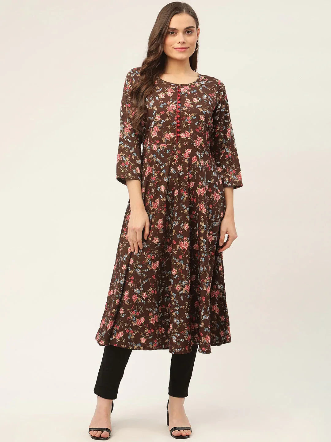 Jompers Women's Brown Flared Printed kurta