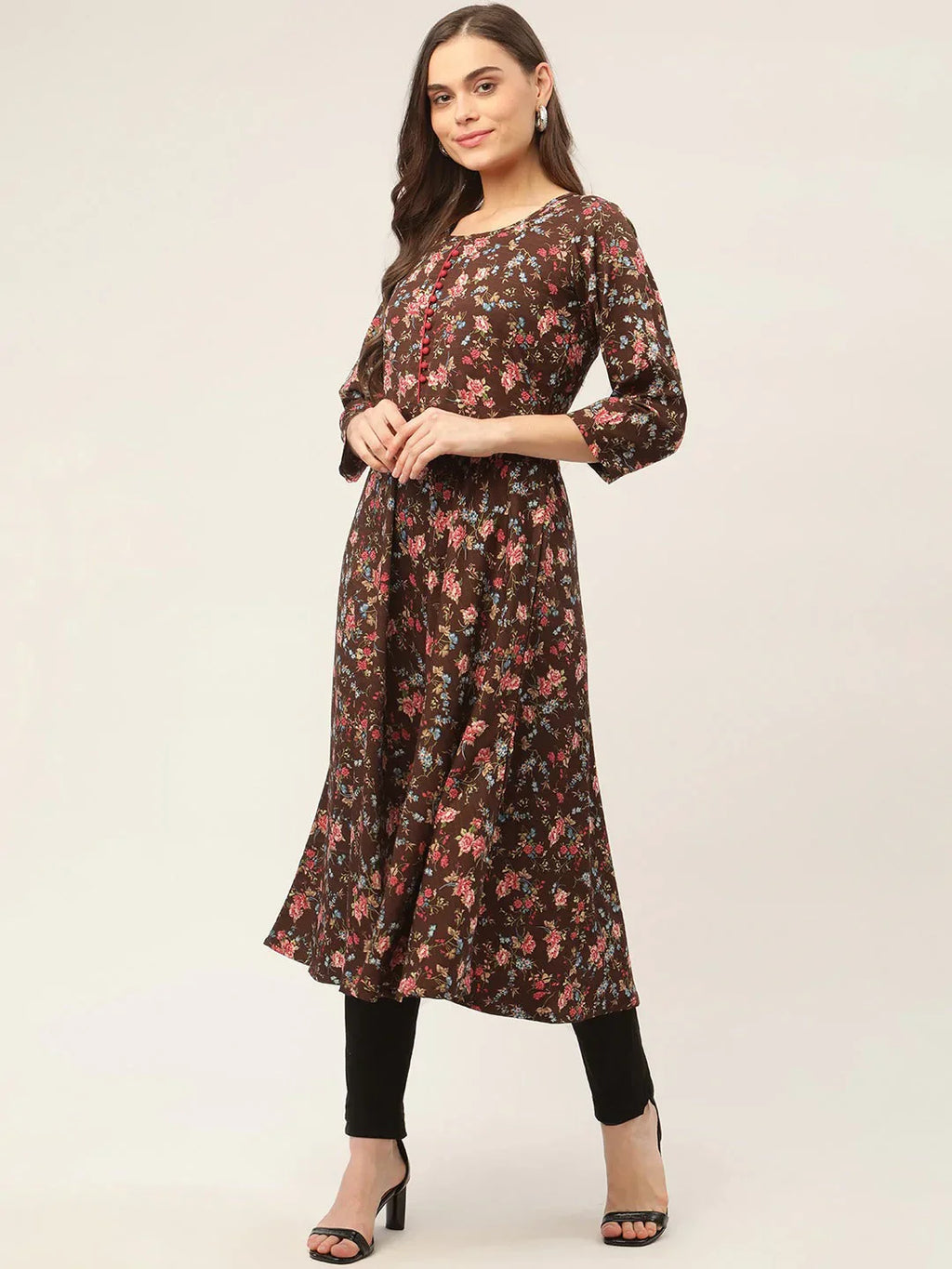 Jompers Women's Brown Flared Printed kurta