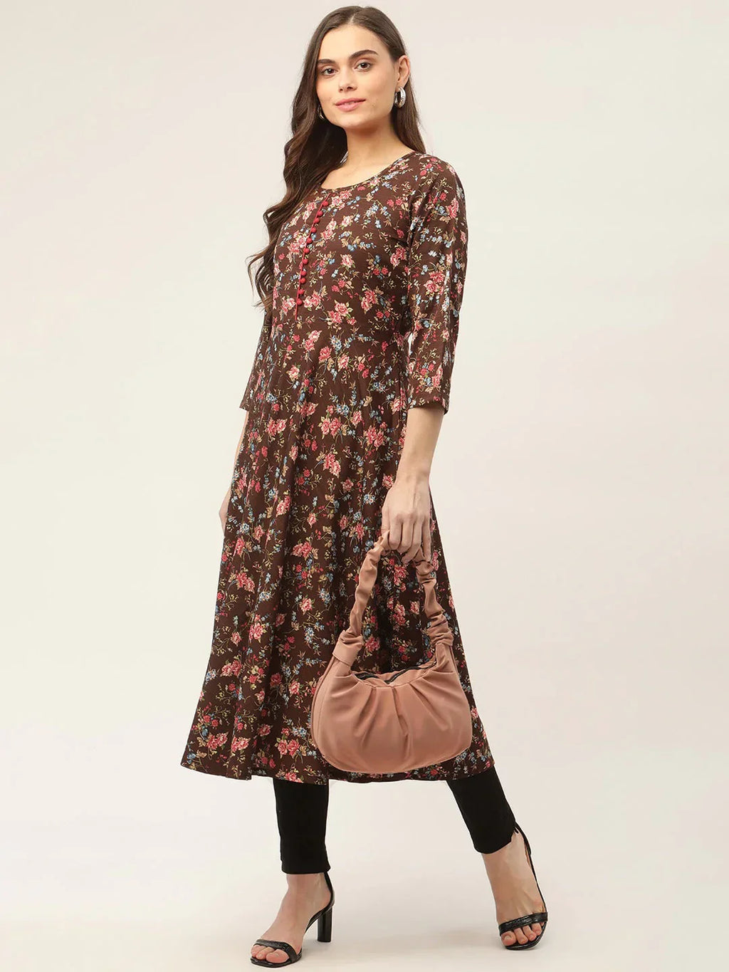 Jompers Women's Brown Flared Printed kurta