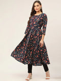 Jompers Women's Navy Blue Flared Printed kurta