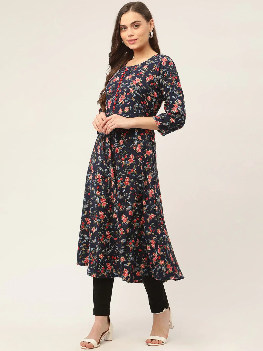 Jompers Women's Navy Blue Flared Printed kurta