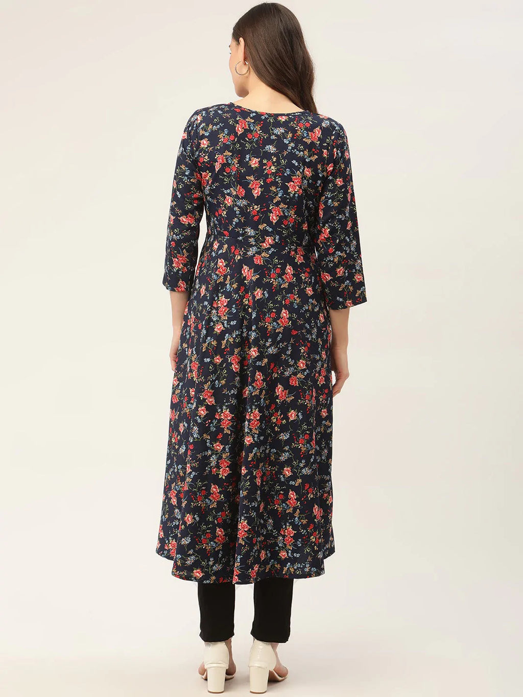 Jompers Women's Navy Blue Flared Printed kurta