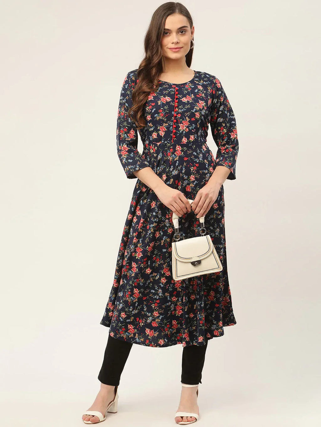 Jompers Women's Navy Blue Flared Printed kurta