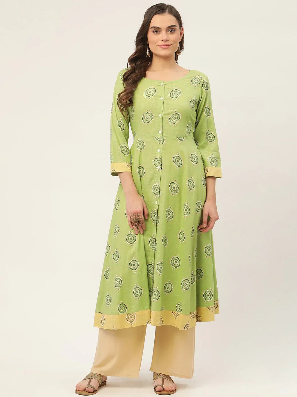 Jompers Women's Green Cotton Blend Flared Printed kurta