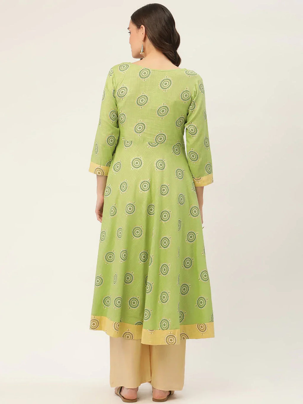 Jompers Women's Green Cotton Blend Flared Printed kurta