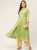 Jompers Women's Green Cotton Blend Flared Printed kurta