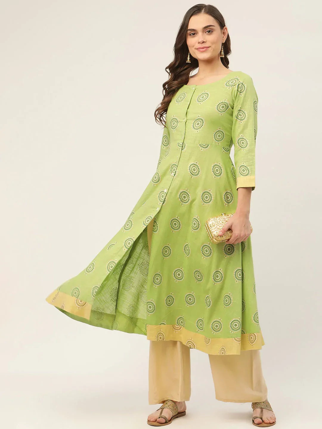 Jompers Women's Green Cotton Blend Flared Printed kurta