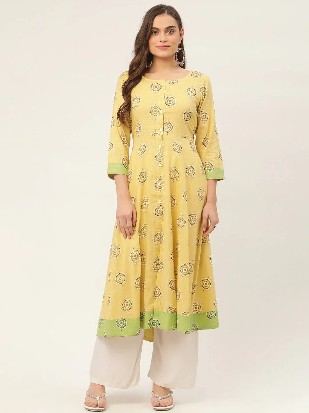 Jompers Women's Pista Green Cotton Blend Flared Printed kurta