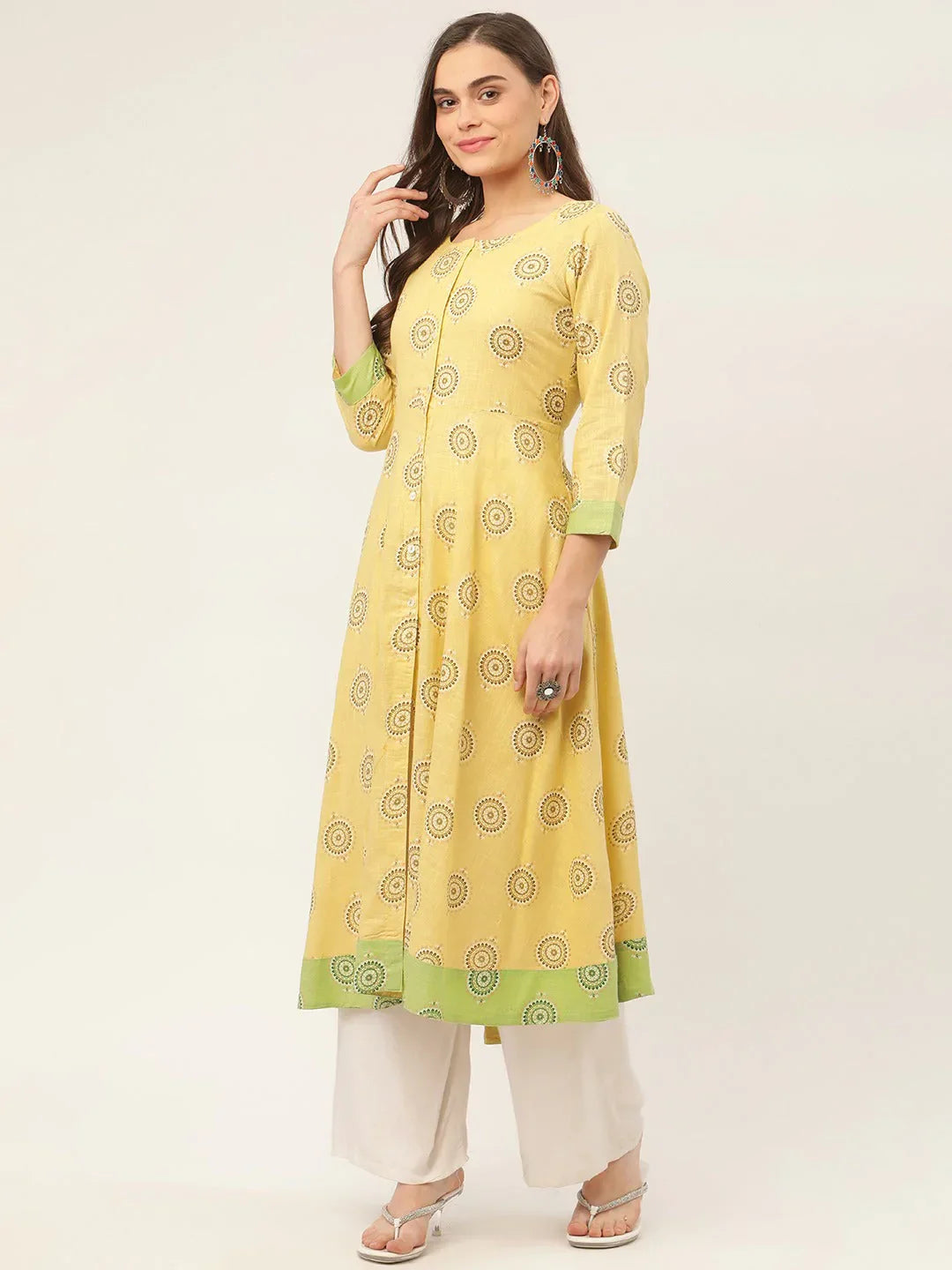 Jompers Women's Pista Green Cotton Blend Flared Printed kurta