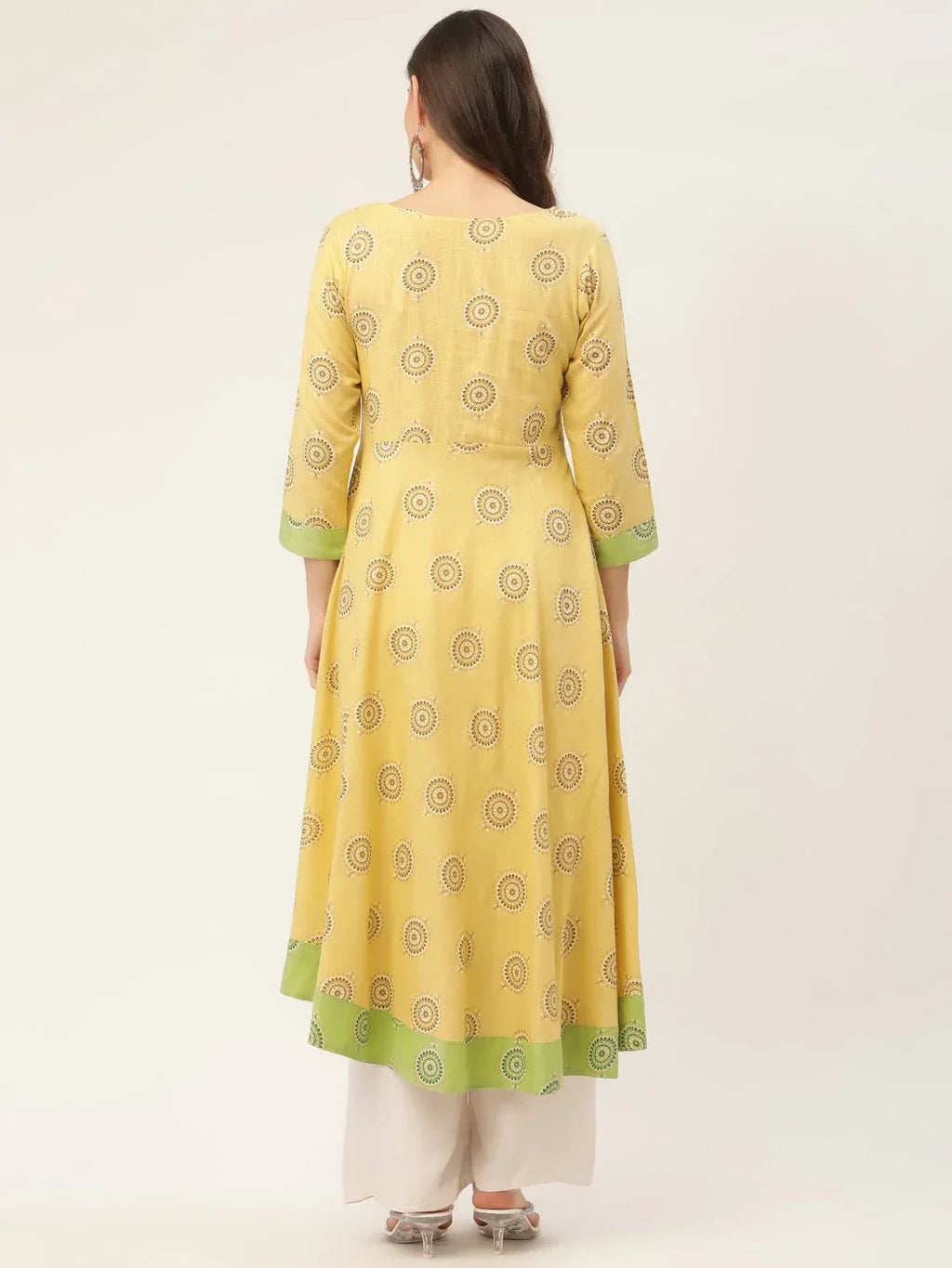 Jompers Women's Pista Green Cotton Blend Flared Printed kurta