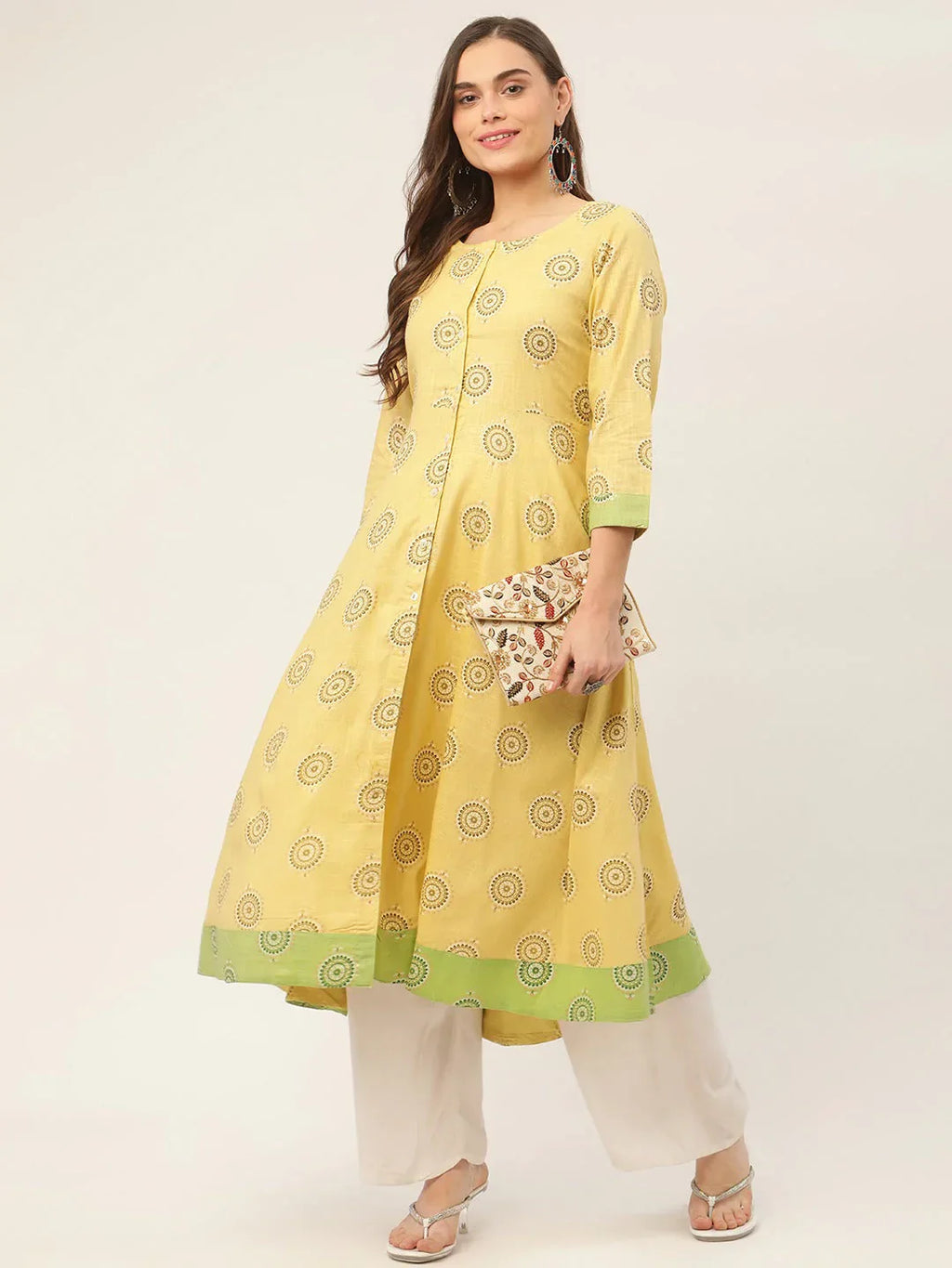 Jompers Women's Pista Green Cotton Blend Flared Printed kurta