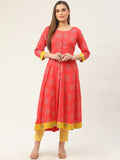Jompers Women's Red and Yellow Cotton Blend Flared Printed kurta