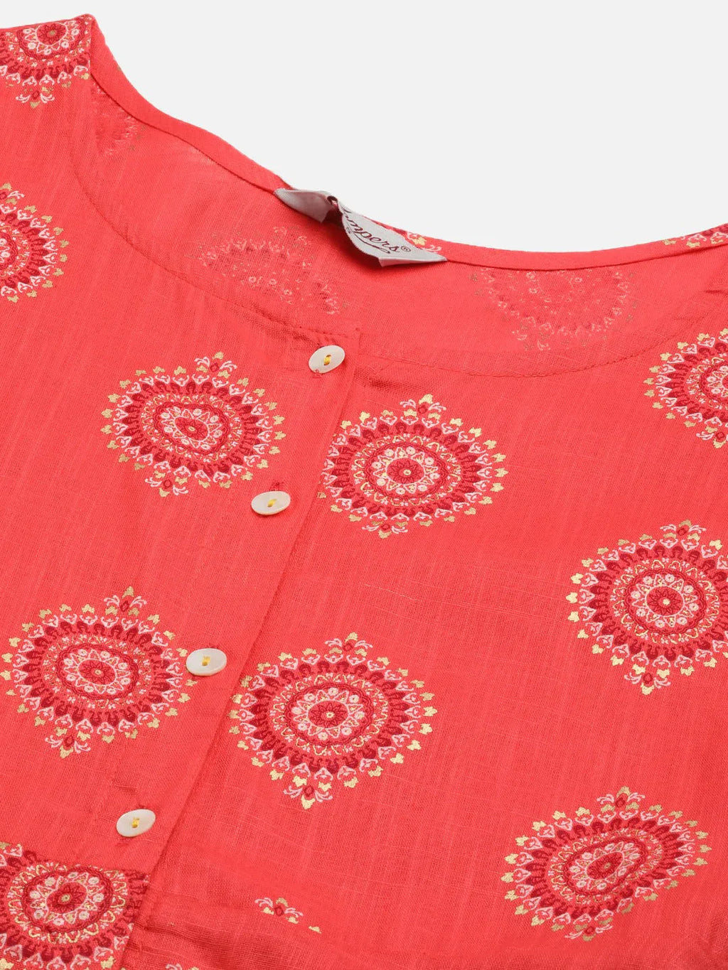 Jompers Women's Red and Yellow Cotton Blend Flared Printed kurta