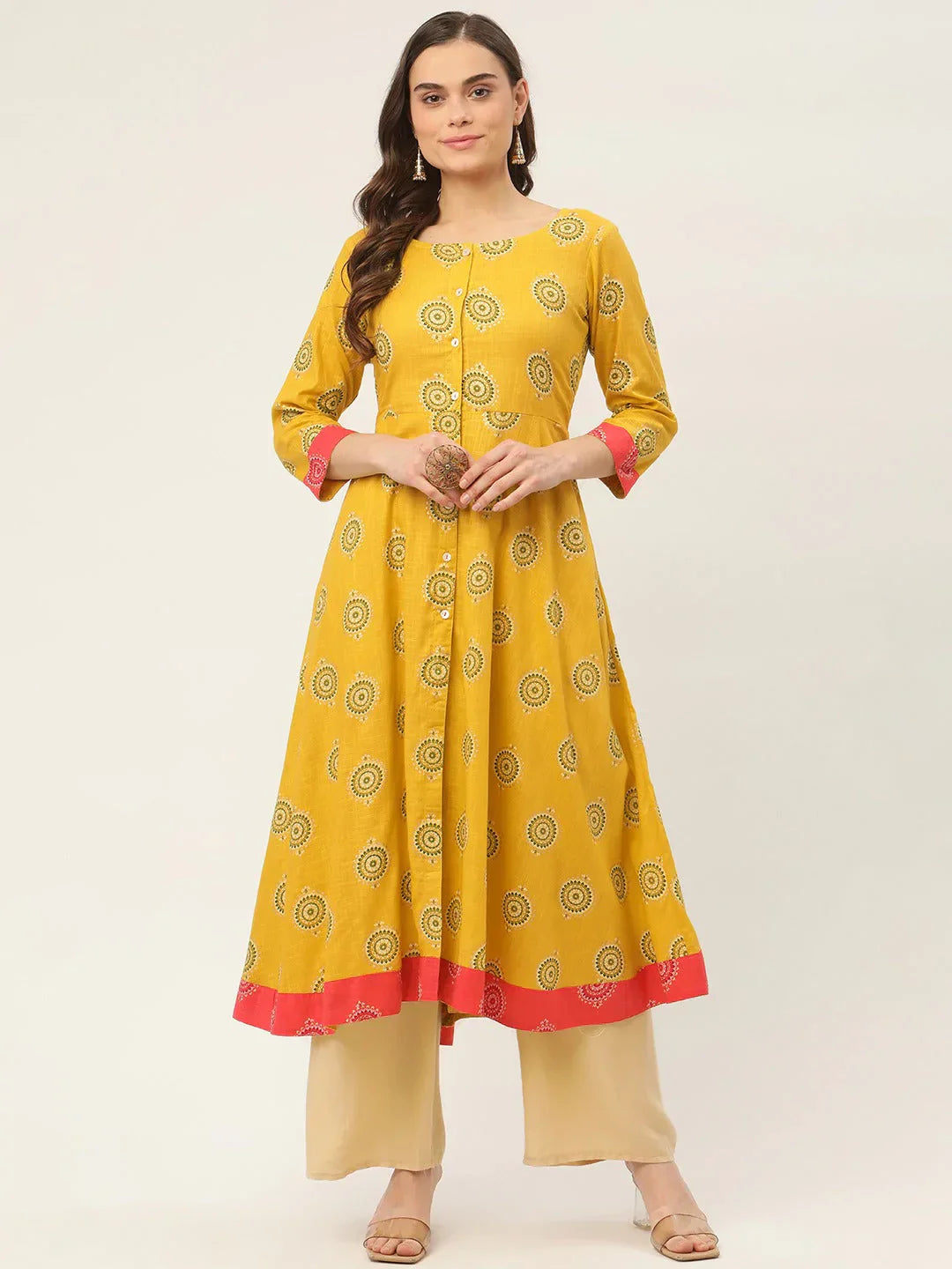 Jompers Women's Yellow and Red Cotton Blend Flared Printed kurta