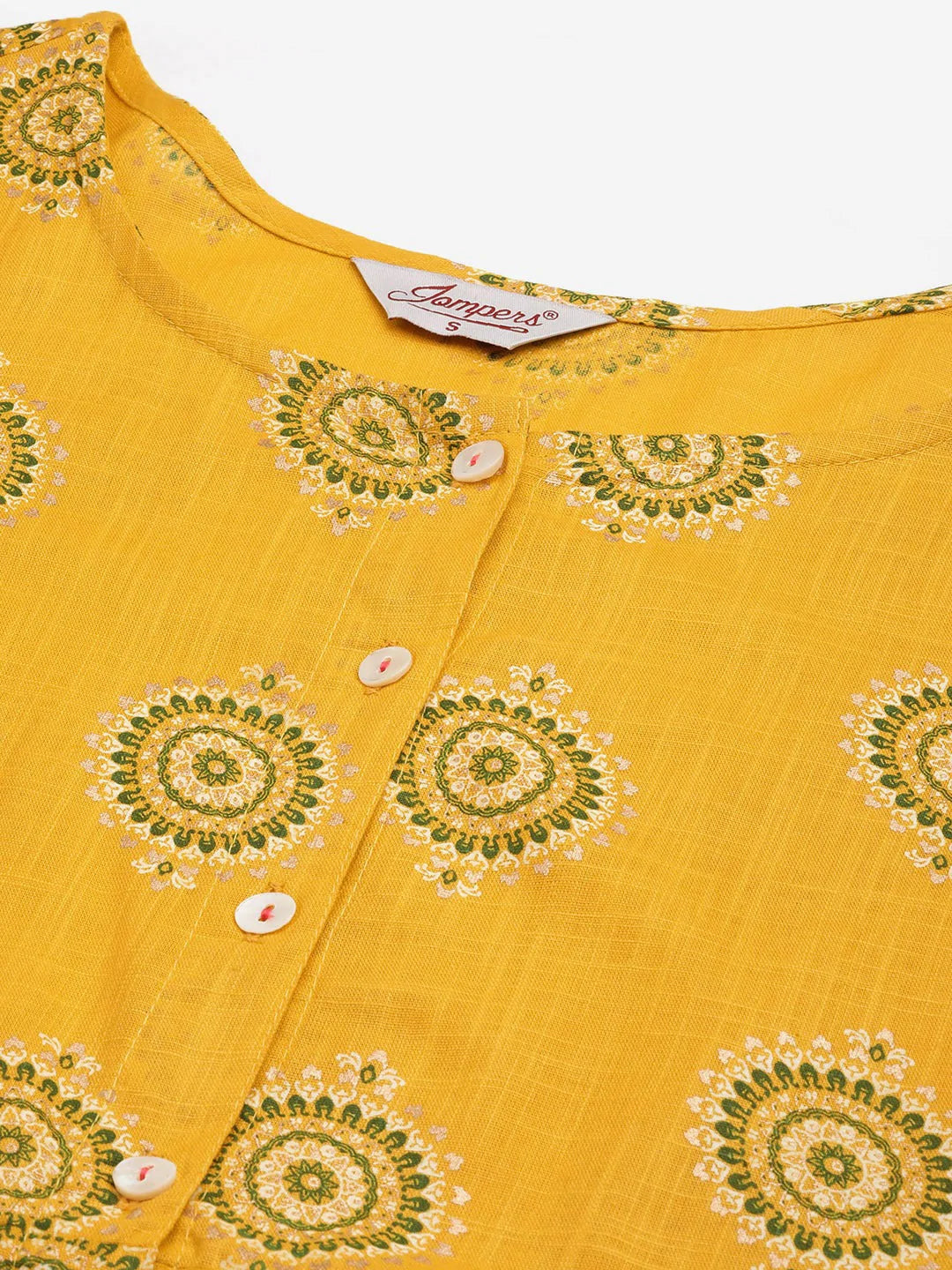 Jompers Women's Yellow and Red Cotton Blend Flared Printed kurta