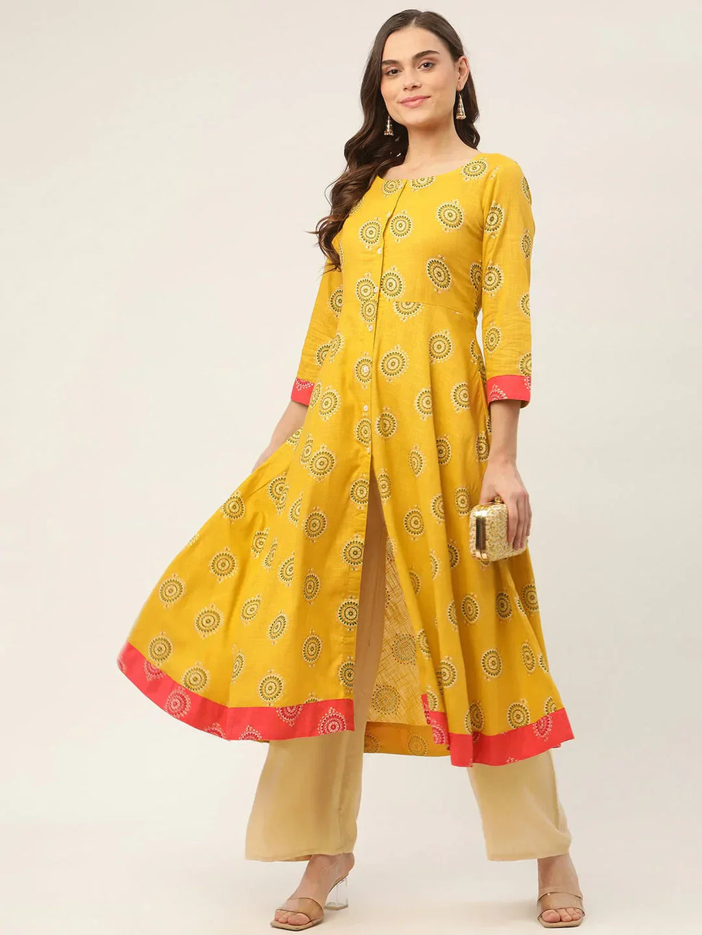 Jompers Women's Yellow and Red Cotton Blend Flared Printed kurta