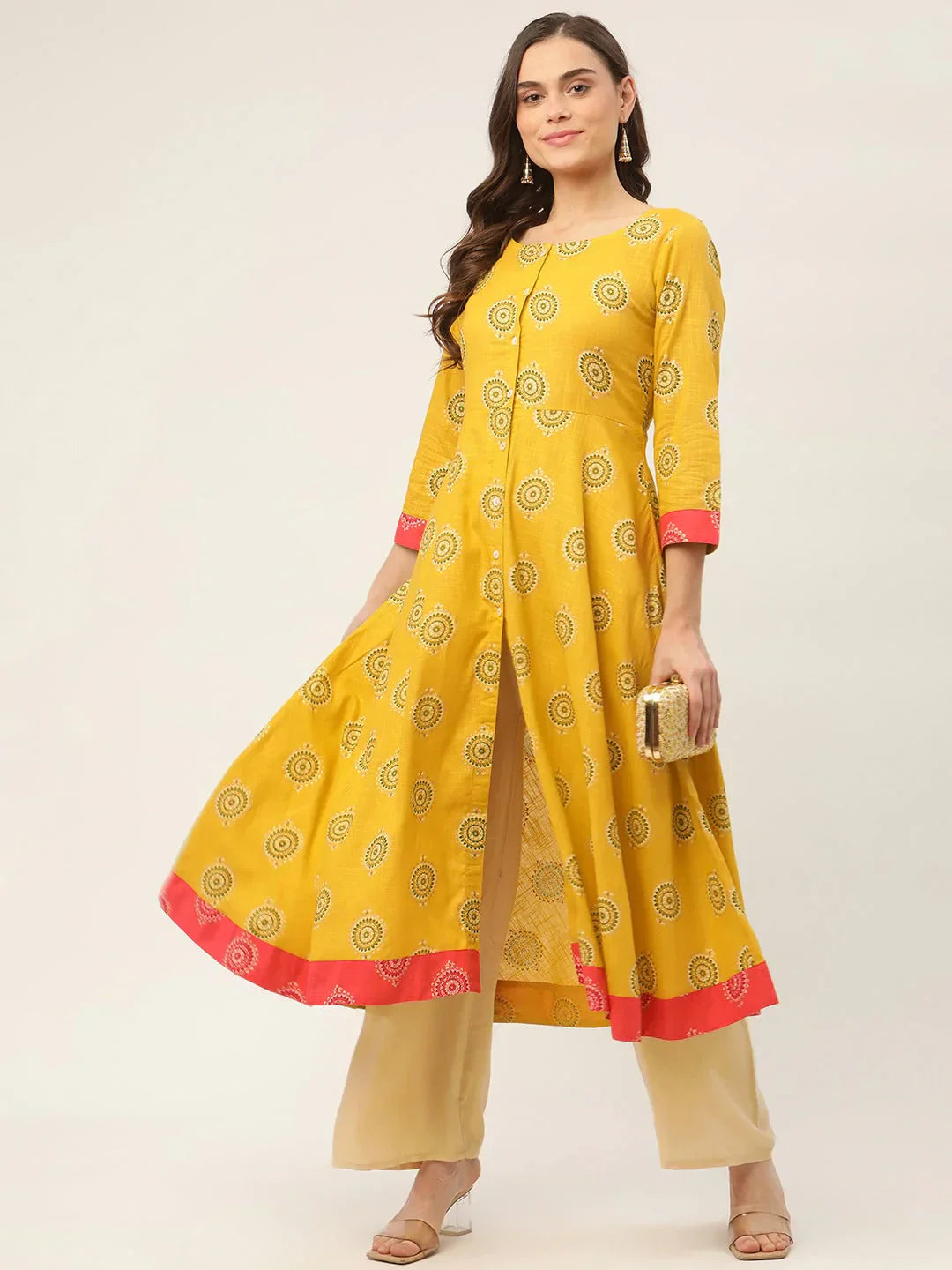 Jompers Women's Yellow and Red Cotton Blend Flared Printed kurta