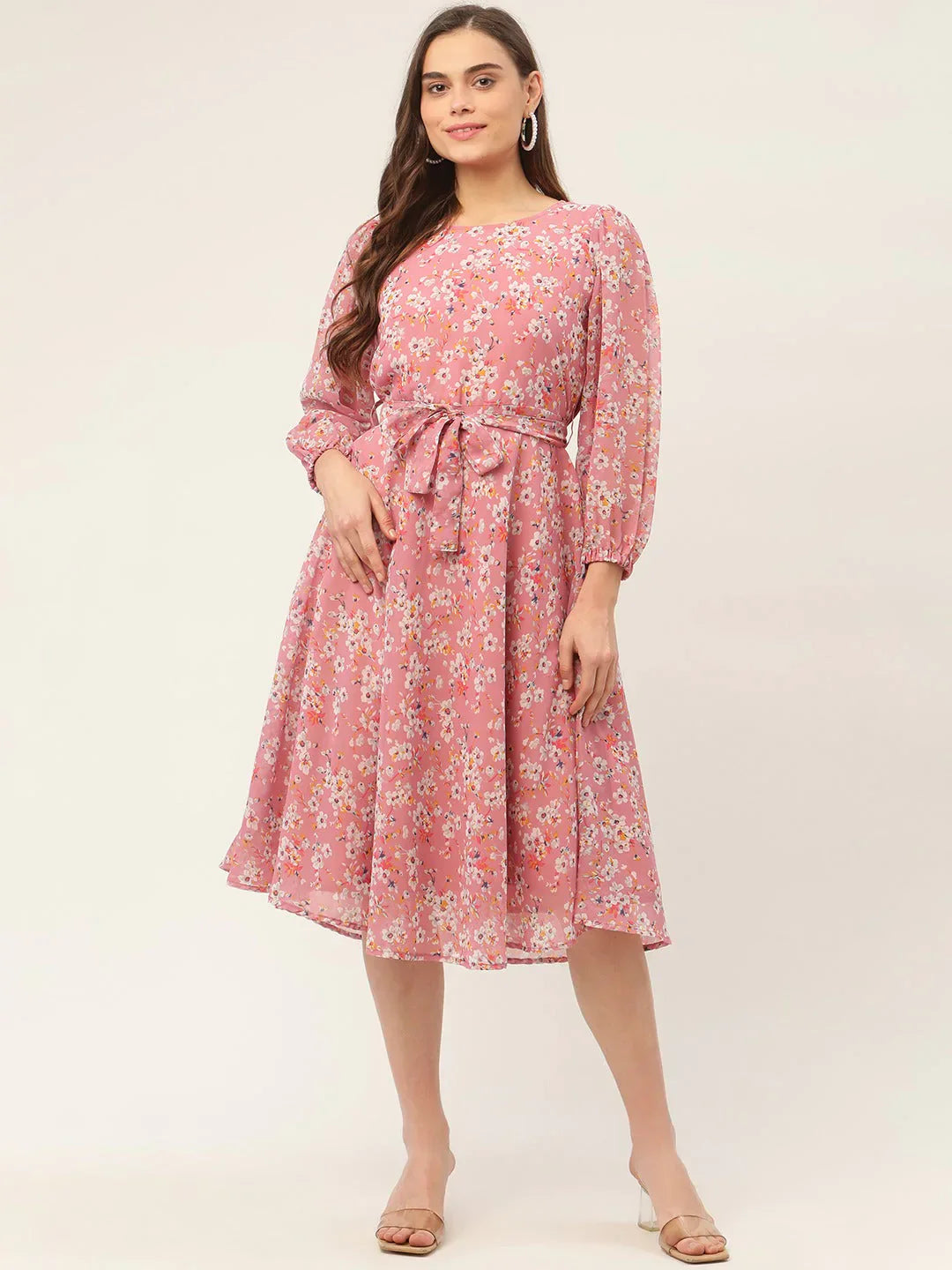 Jompers Women's Pink & White Georgette Floral Printed Kurta