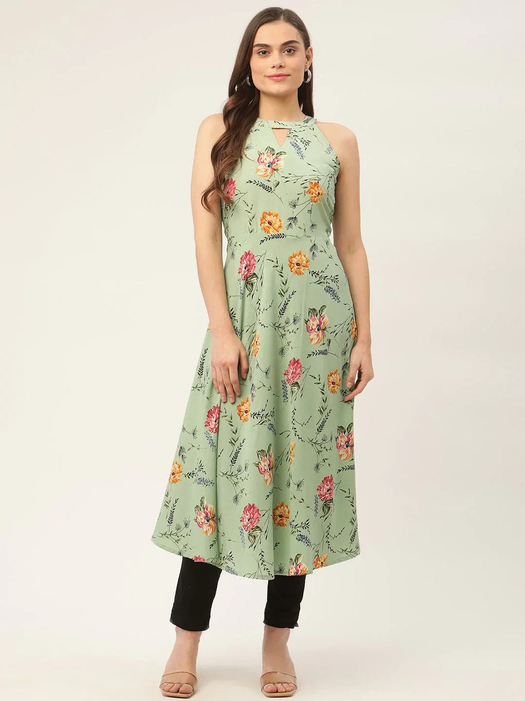 Jompers Women's Green Floral Print Anarkali Kurta