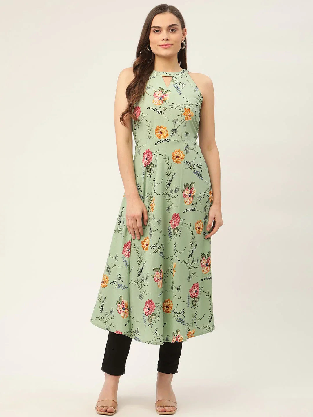 Jompers Women's Green Floral Print Anarkali Kurta
