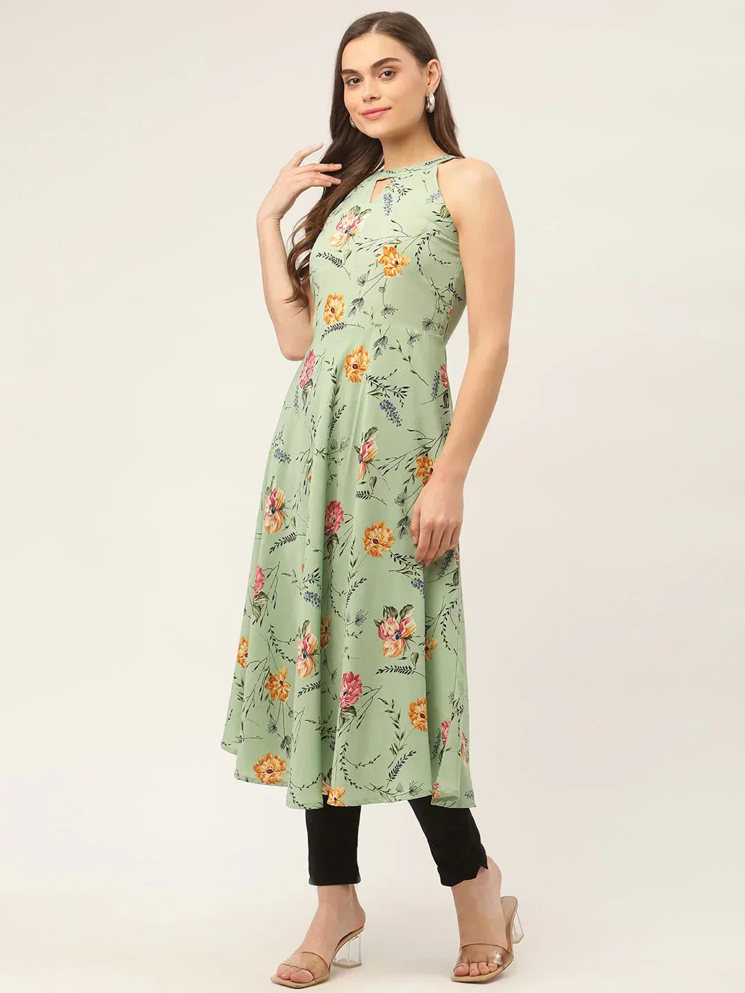 Jompers Women's Green Floral Print Anarkali Kurta