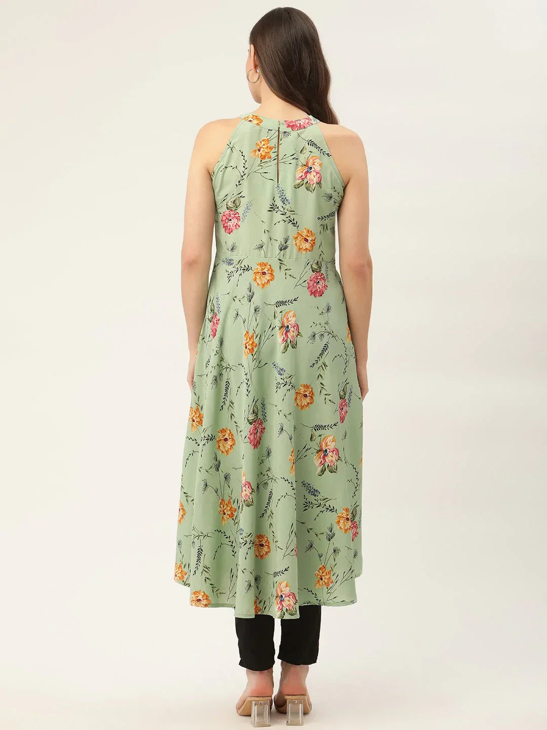 Jompers Women's Green Floral Print Anarkali Kurta