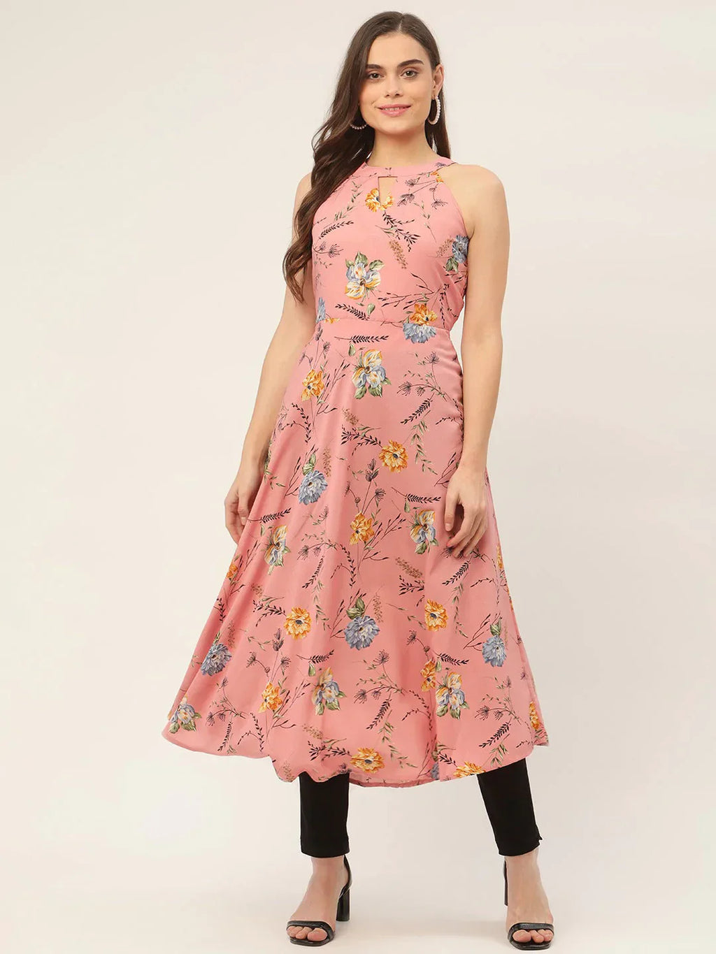 Jompers Women's Pink Floral Printed Anarkali Kurta