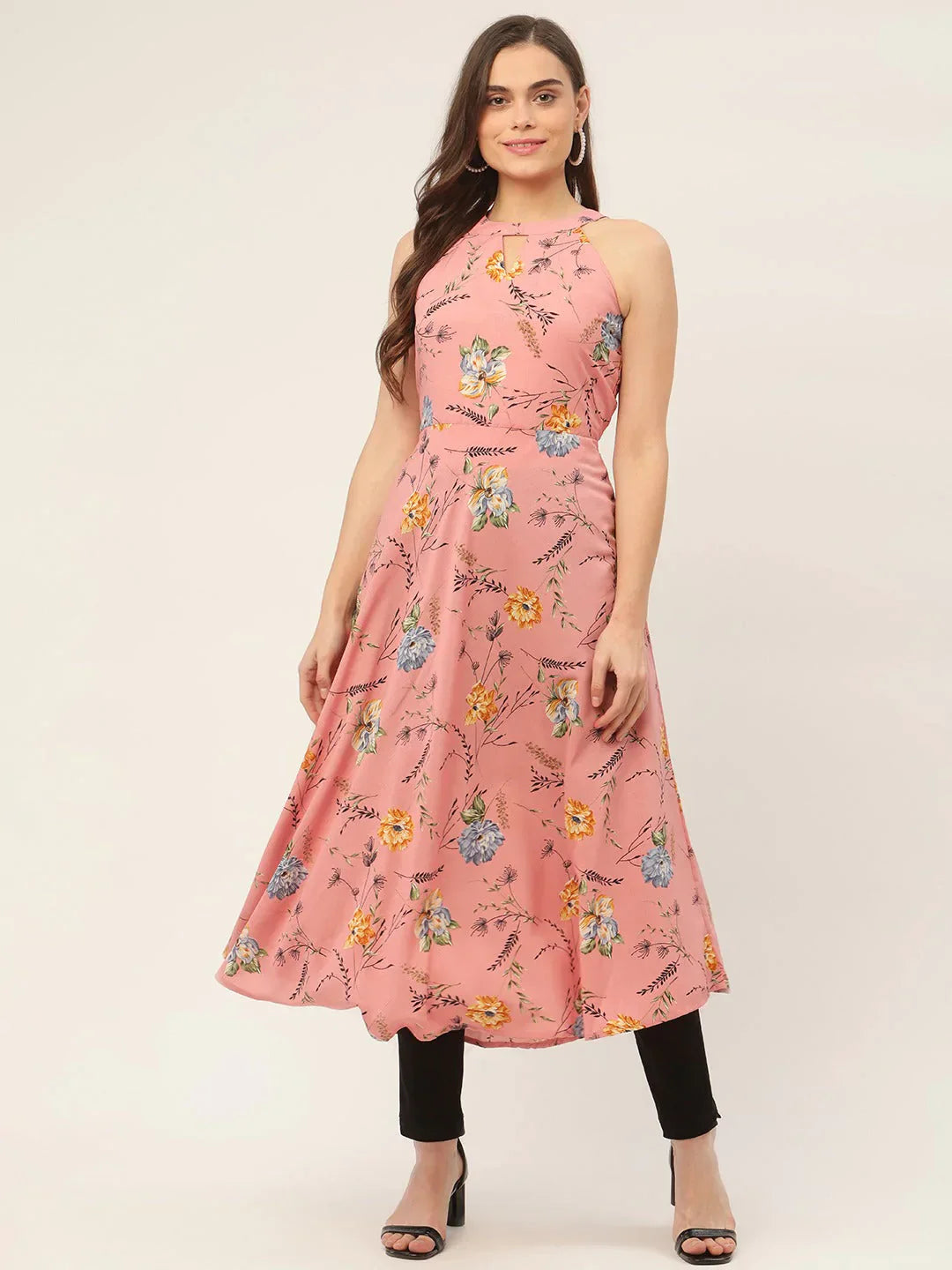 Jompers Women's Pink Floral Printed Anarkali Kurta