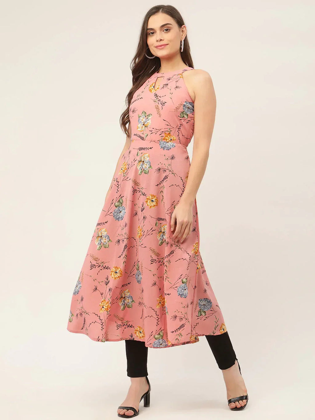 Jompers Women's Pink Floral Printed Anarkali Kurta