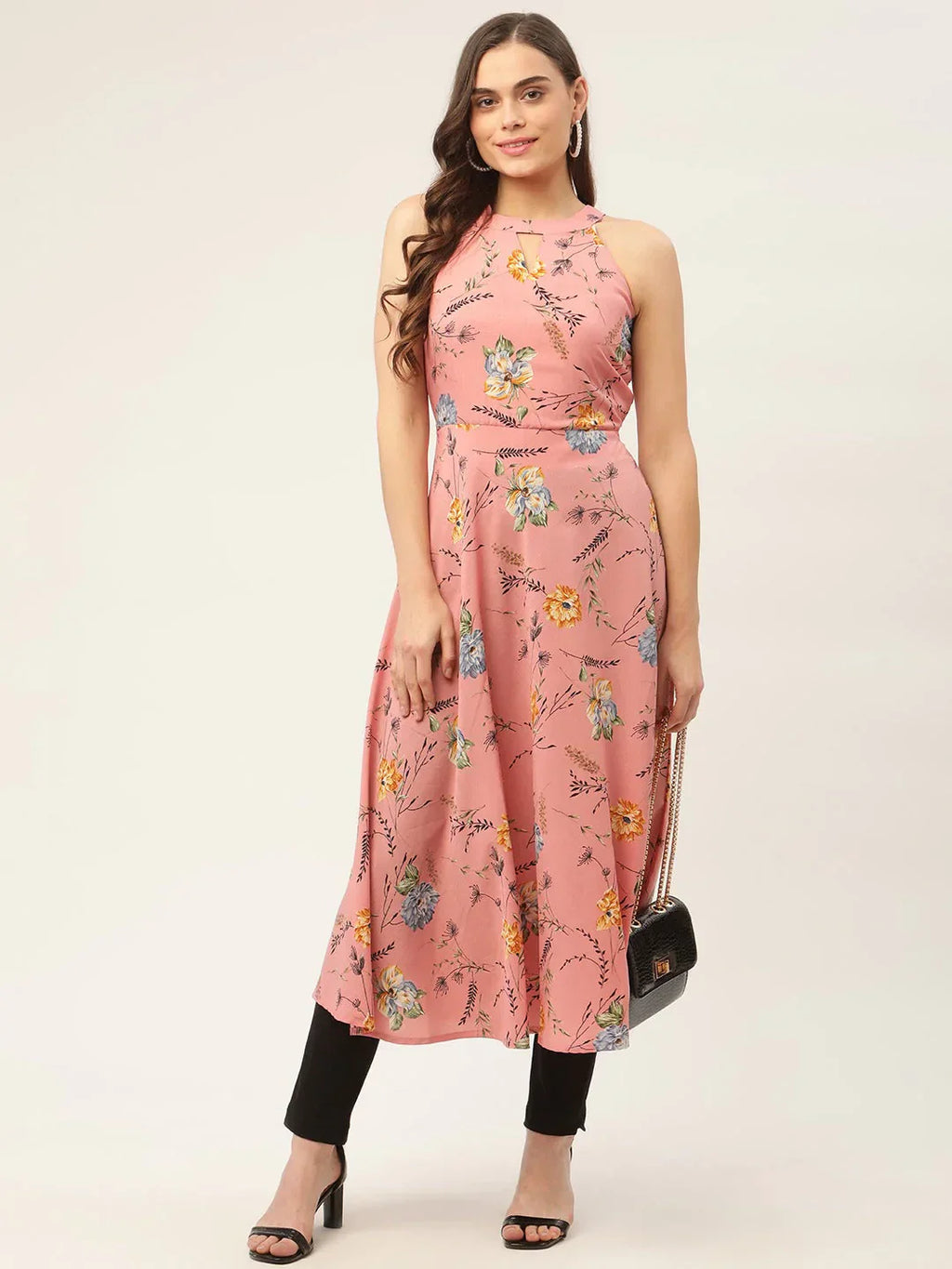 Jompers Women's Pink Floral Printed Anarkali Kurta