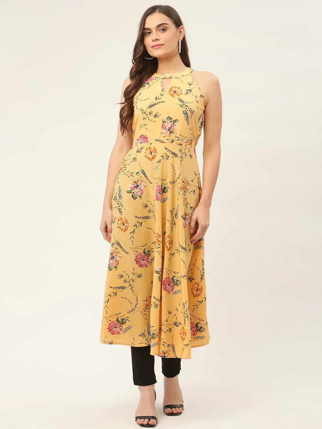 Jompers Women's Yellow & Pink Floral Printed Halter Neck Kurta