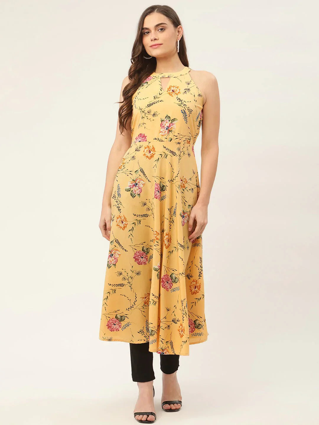 Jompers Women's Yellow & Pink Floral Printed Halter Neck Kurta
