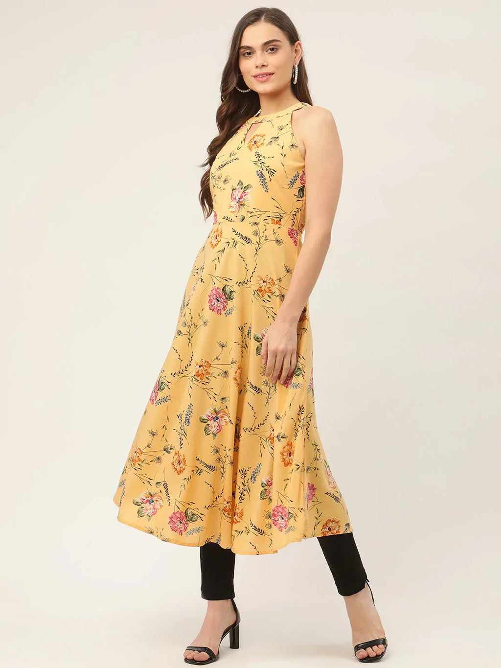 Jompers Women's Yellow & Pink Floral Printed Halter Neck Kurta