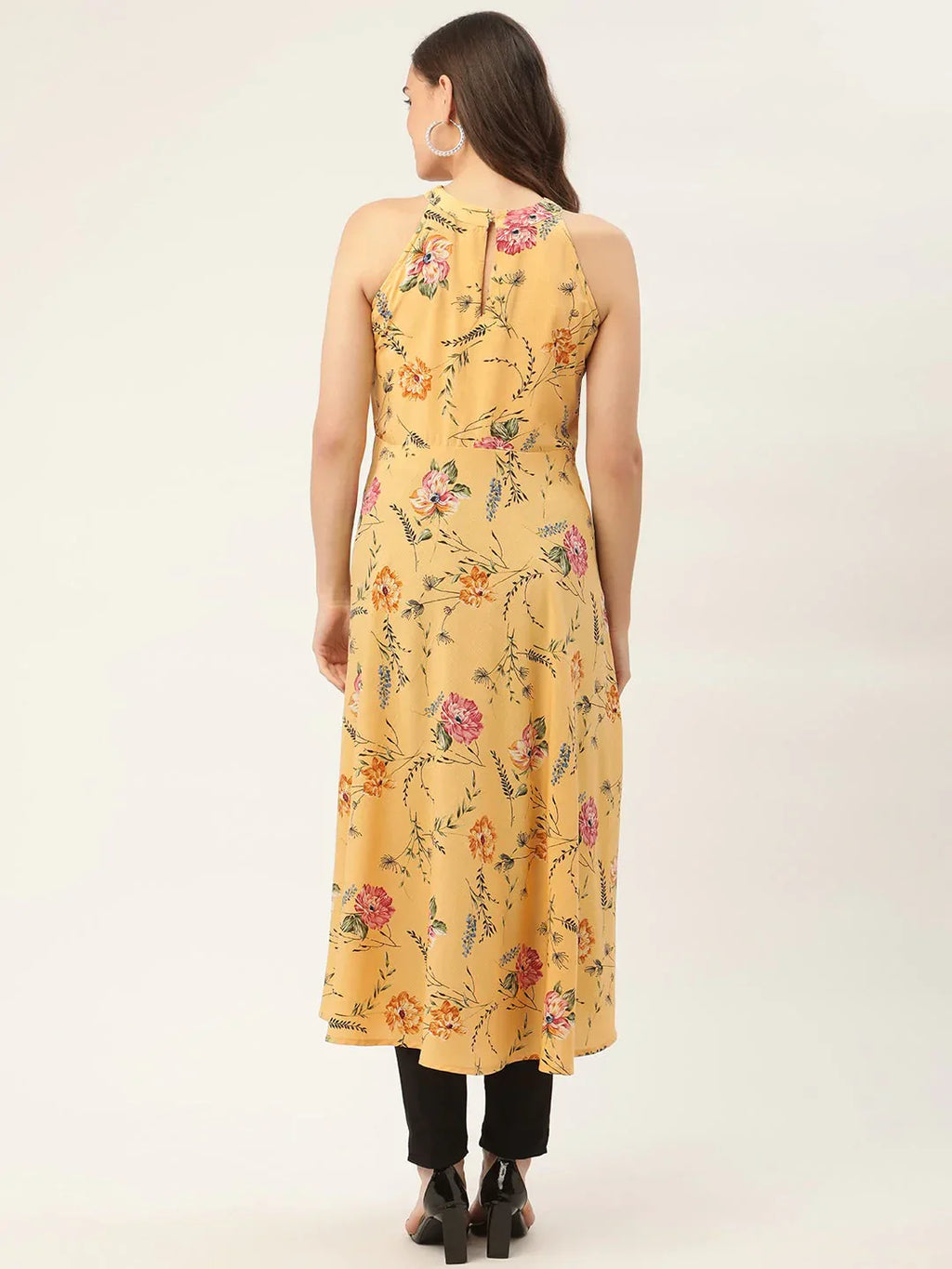 Jompers Women's Yellow & Pink Floral Printed Halter Neck Kurta
