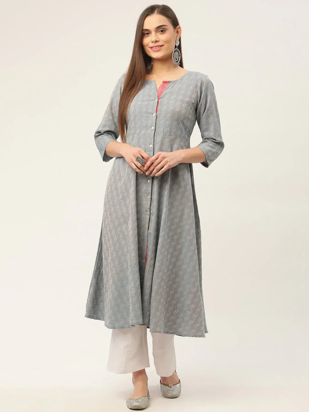 Jompers Women's Grey & Red Cotton Jacquard Geometric Printed Kurta