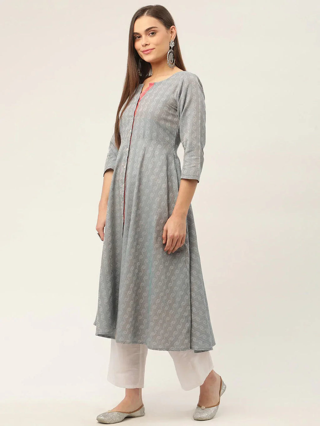 Jompers Women's Grey & Red Cotton Jacquard Geometric Printed Kurta