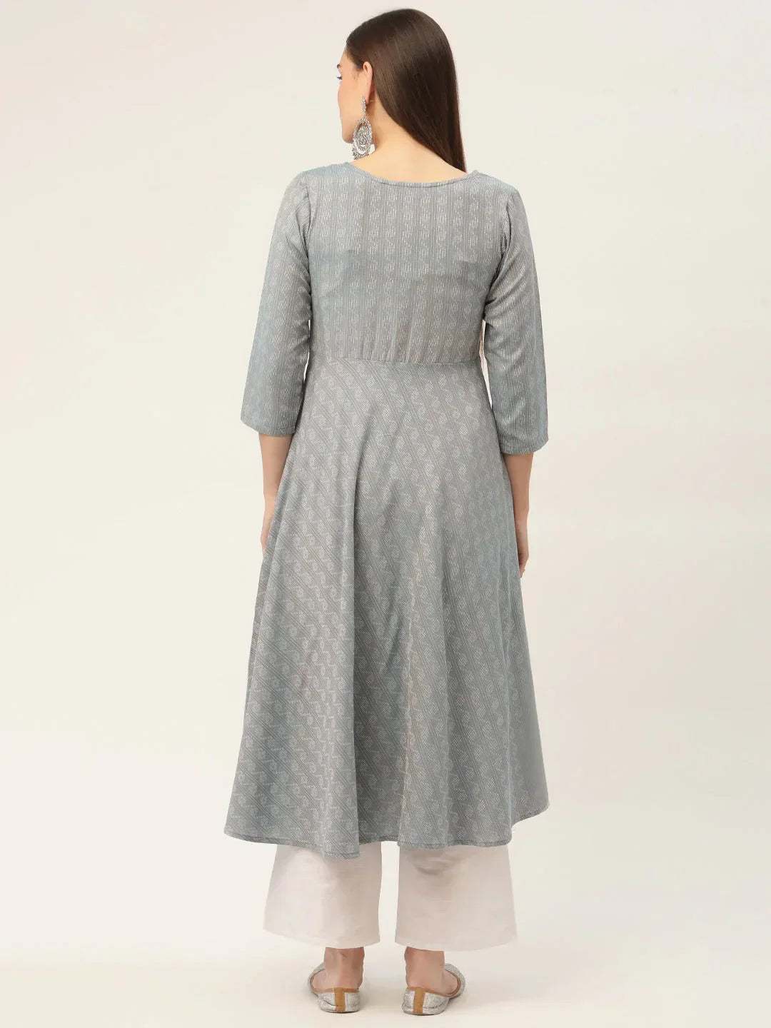 Jompers Women's Grey & Red Cotton Jacquard Geometric Printed Kurta