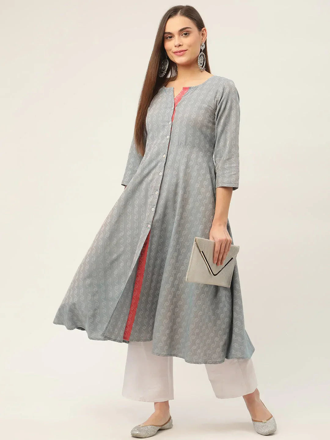 Jompers Women's Grey & Red Cotton Jacquard Geometric Printed Kurta