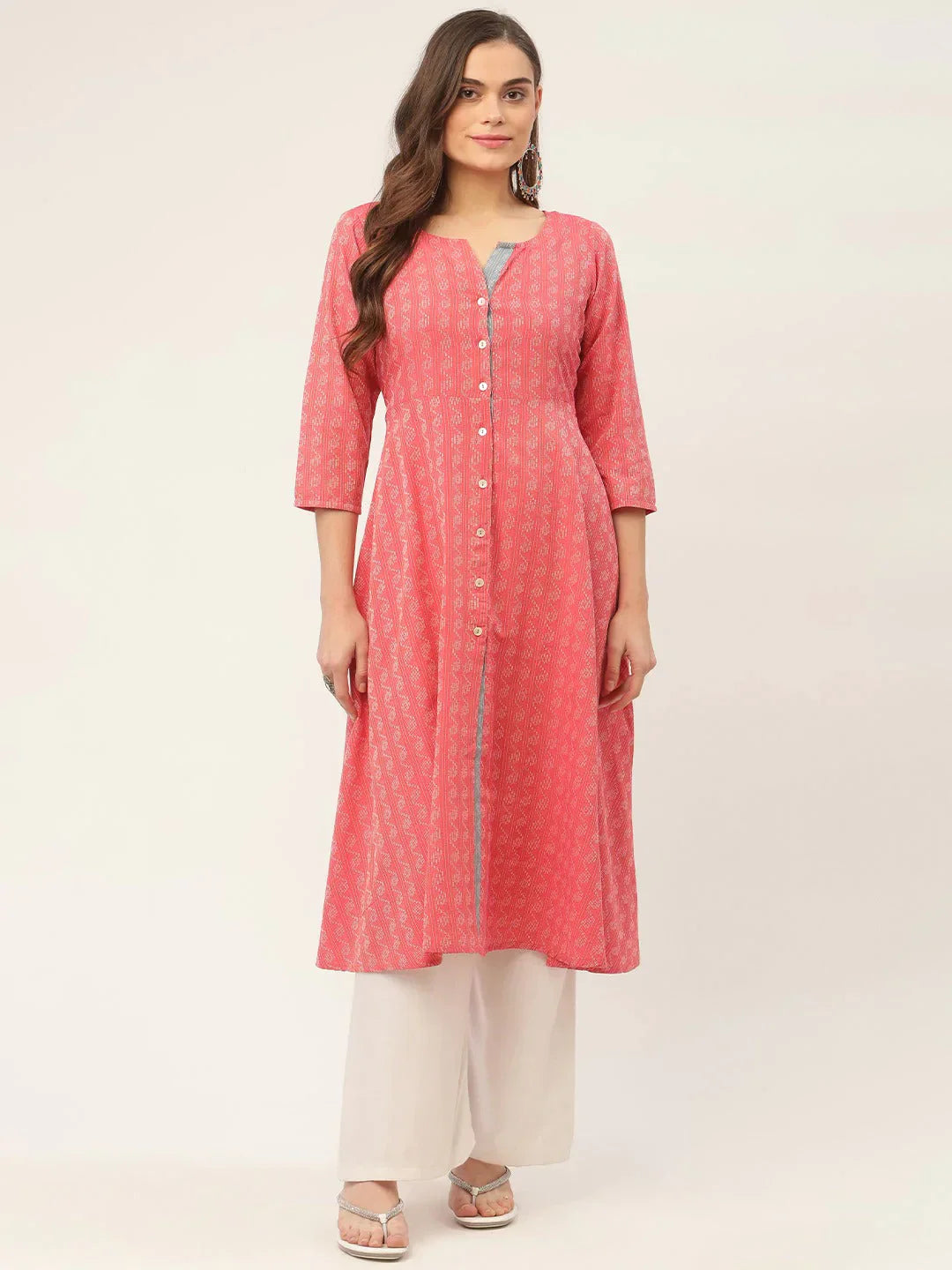 Jompers Women's Red & Grey Cotton Jacquard Geometric Printed Kurta
