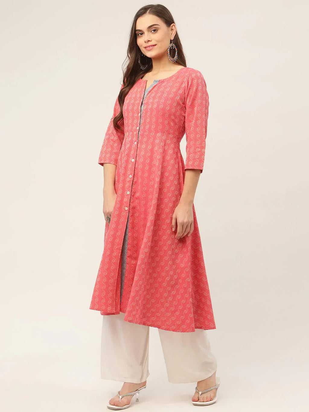 Jompers Women's Red & Grey Cotton Jacquard Geometric Printed Kurta