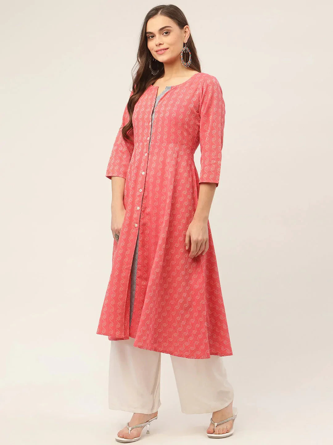 Jompers Women's Red & Grey Cotton Jacquard Geometric Printed Kurta