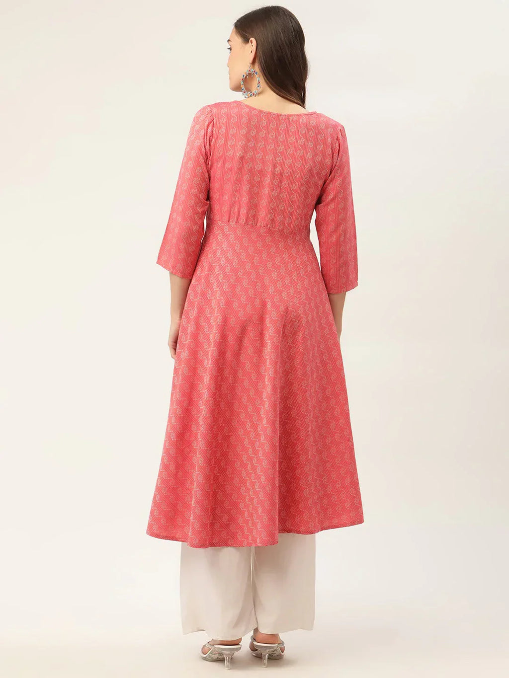 Jompers Women's Red & Grey Cotton Jacquard Geometric Printed Kurta