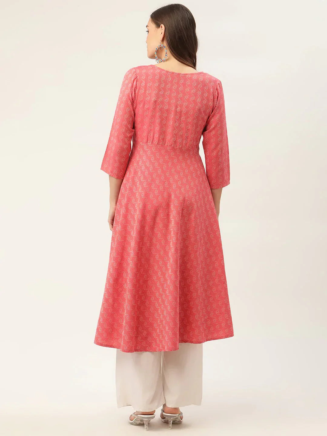 Jompers Women's Red & Grey Cotton Jacquard Geometric Printed Kurta