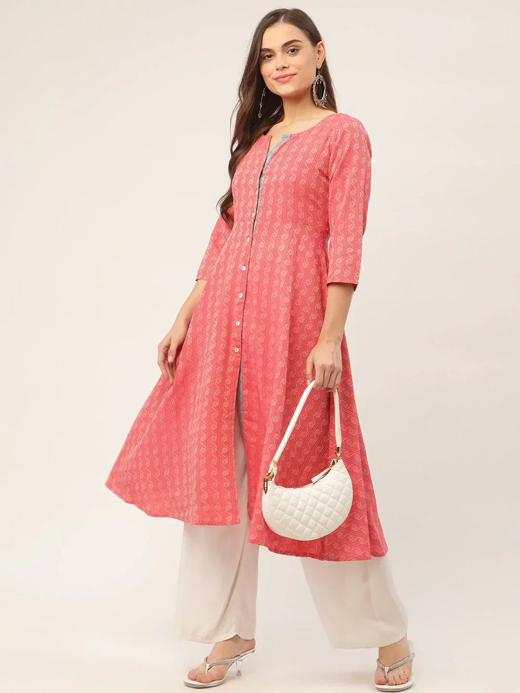 Jompers Women's Red & Grey Cotton Jacquard Geometric Printed Kurta