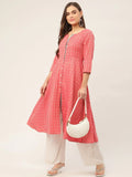 Jompers Women's Red & Grey Cotton Jacquard Geometric Printed Kurta