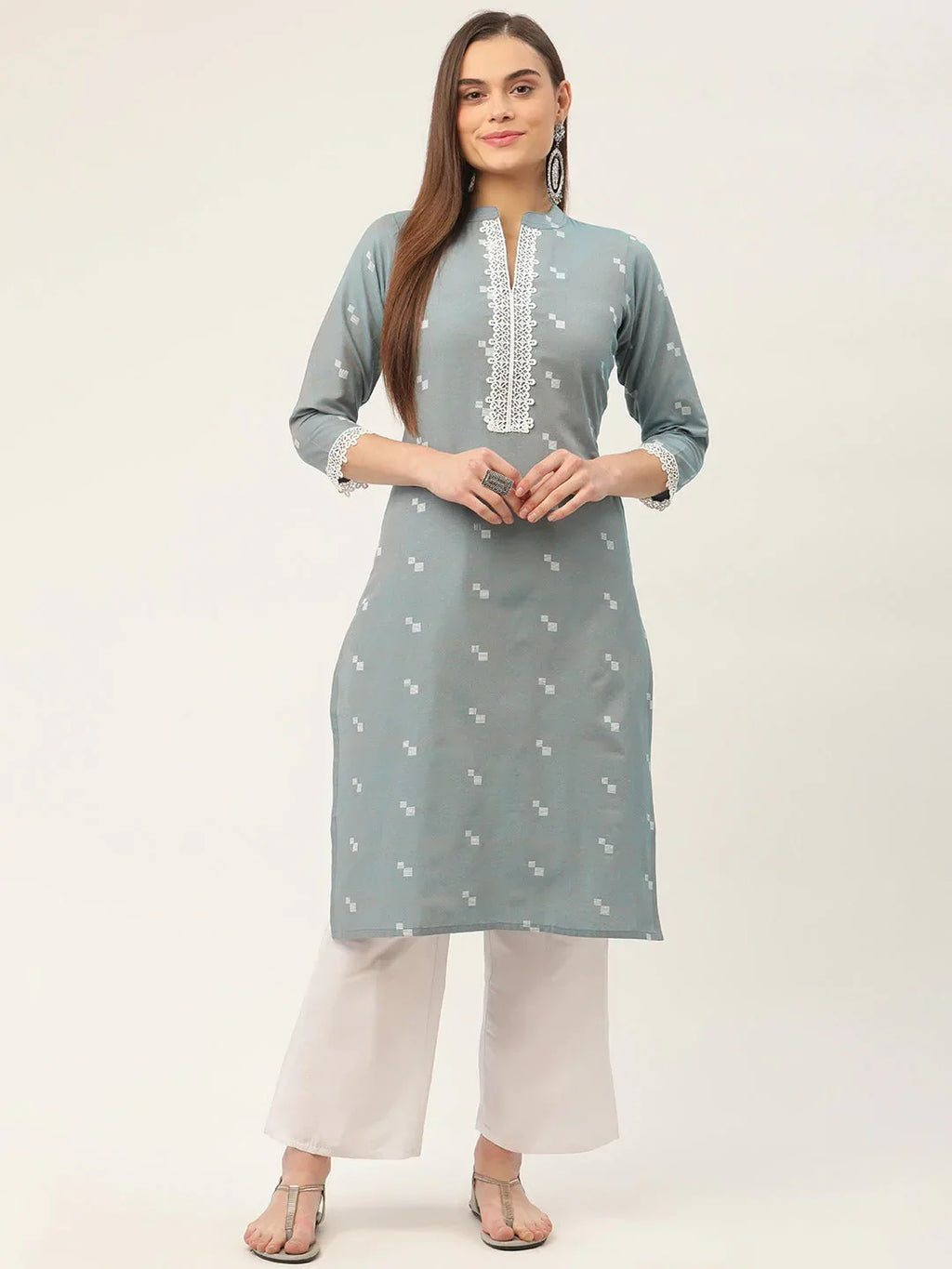 Jompers Women's Grey Cotton Jacquard Geometric Printed Kurta