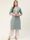 Jompers Women's Grey Cotton Jacquard Geometric Printed Kurta