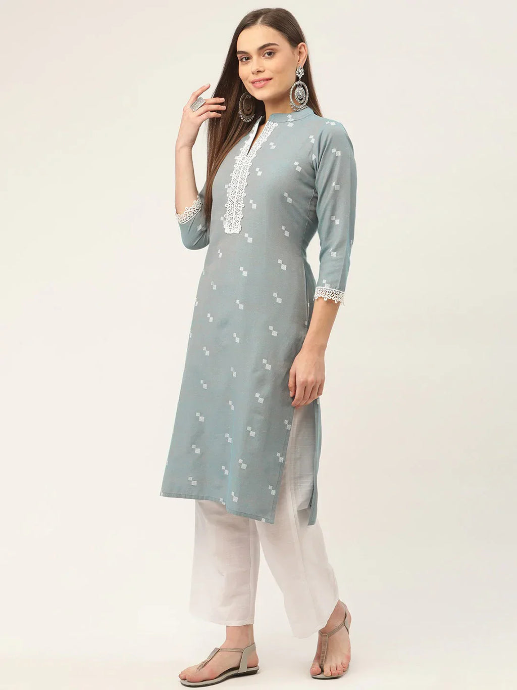 Jompers Women's Grey Cotton Jacquard Geometric Printed Kurta