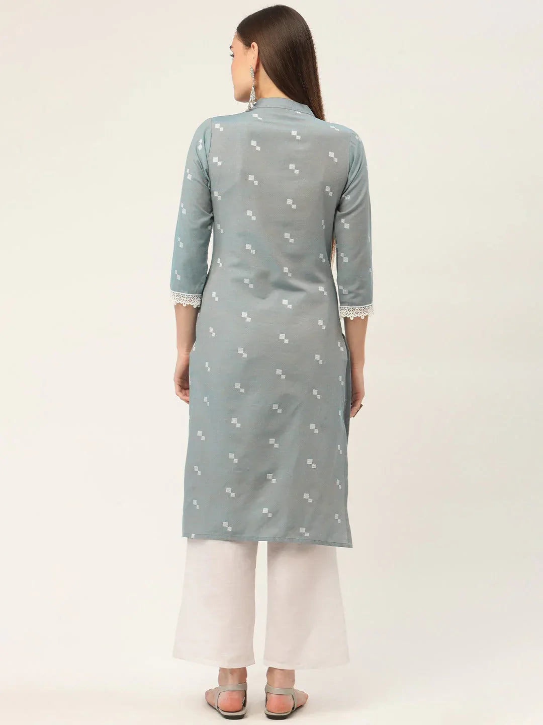 Jompers Women's Grey Cotton Jacquard Geometric Printed Kurta